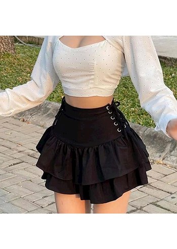 Stradivarius Siyah Fırfırlı Gotik Mini Etek