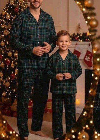 Baba ve erkek çocuk yeni yıl yeşil kareli Düğmeli Pijama Takımı - Görsel 3