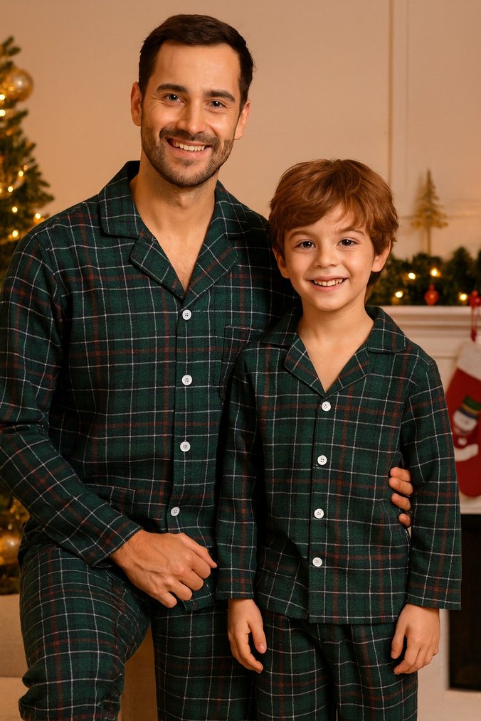 Baba ve erkek çocuk yeni yıl yeşil kareli Düğmeli Pijama Takımı - Görsel 2