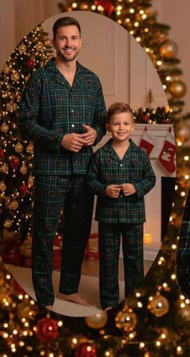 Baba ve erkek çocuk yeni yıl yeşil kareli Düğmeli Pijama Takımı - Görsel 3