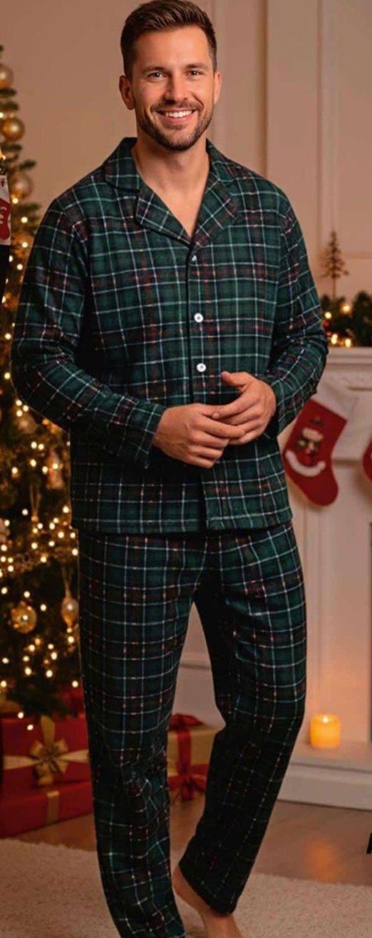 Baba ve erkek çocuk yeni yıl yeşil kareli Düğmeli Pijama Takımı - Görsel 4