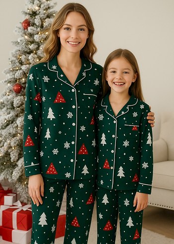 anne kız Yeşil Desenli yeni yıl  Uzun Kollu  Pijama Takımı - Görsel 2