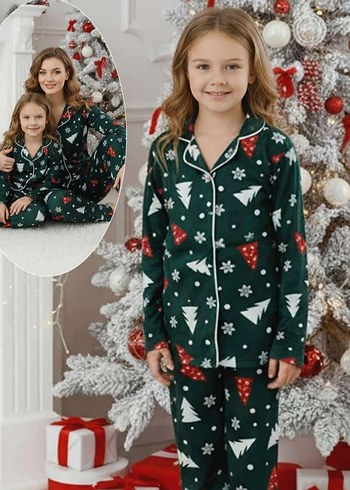 anne kız Yeşil Desenli yeni yıl  Uzun Kollu  Pijama Takımı - Görsel 4