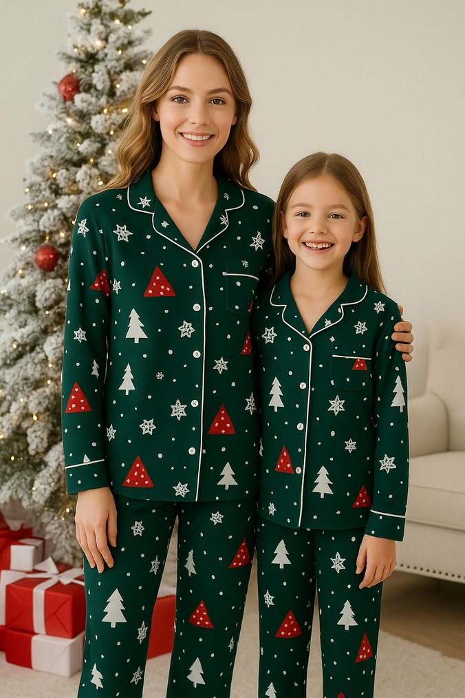 anne kız Yeşil Desenli yeni yıl  Uzun Kollu  Pijama Takımı - Görsel 2