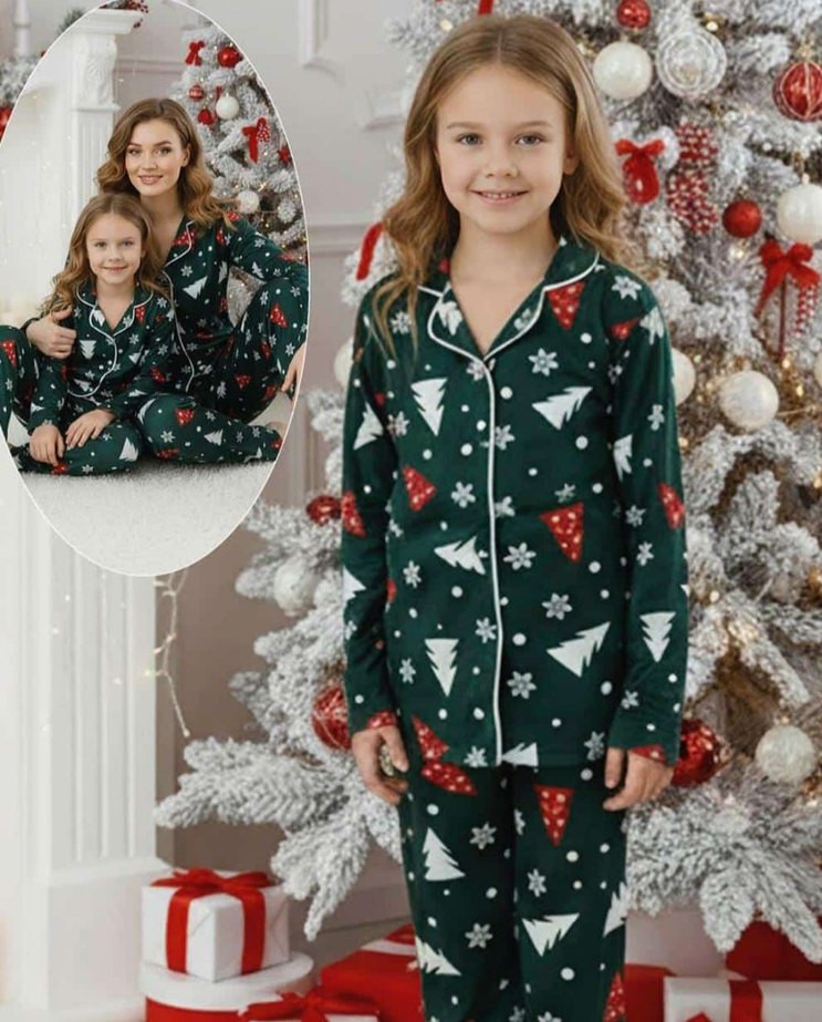 anne kız Yeşil Desenli yeni yıl  Uzun Kollu  Pijama Takımı - Görsel 4