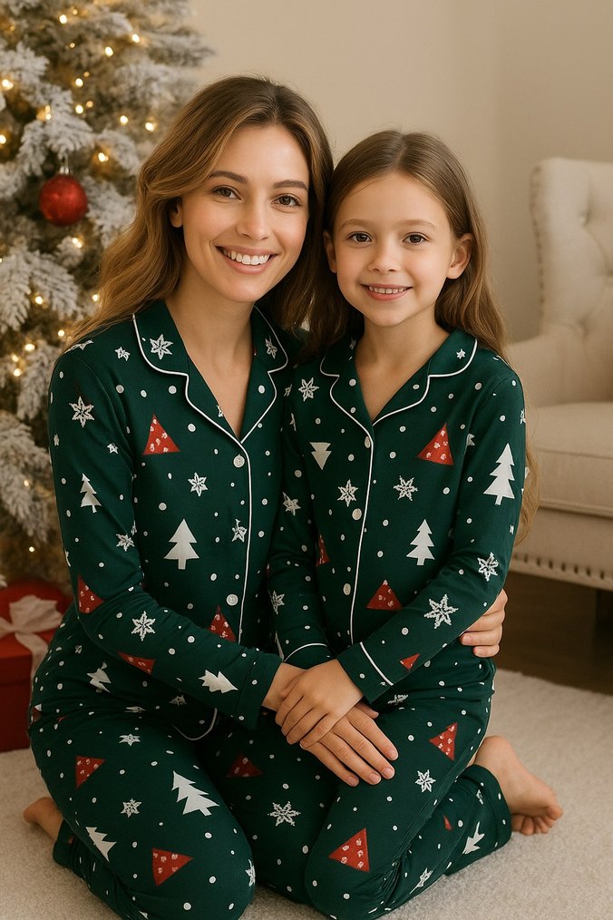 anne kız Yeşil Desenli yeni yıl  Uzun Kollu  Pijama Takımı - Görsel 3