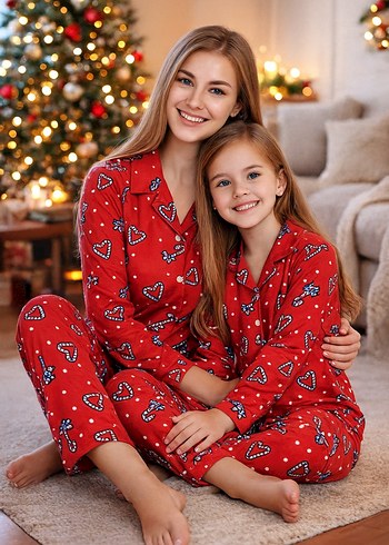 Anne çocuk yeni yıl temalı süet Pijama Takımı - Görsel 2