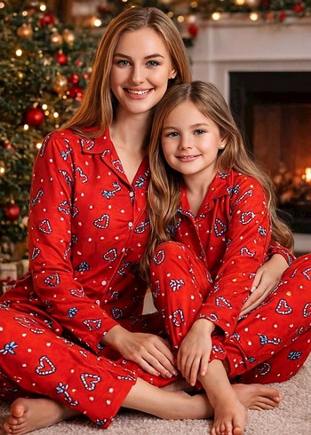 Anne çocuk yeni yıl temalı süet Pijama Takımı - Görsel 4