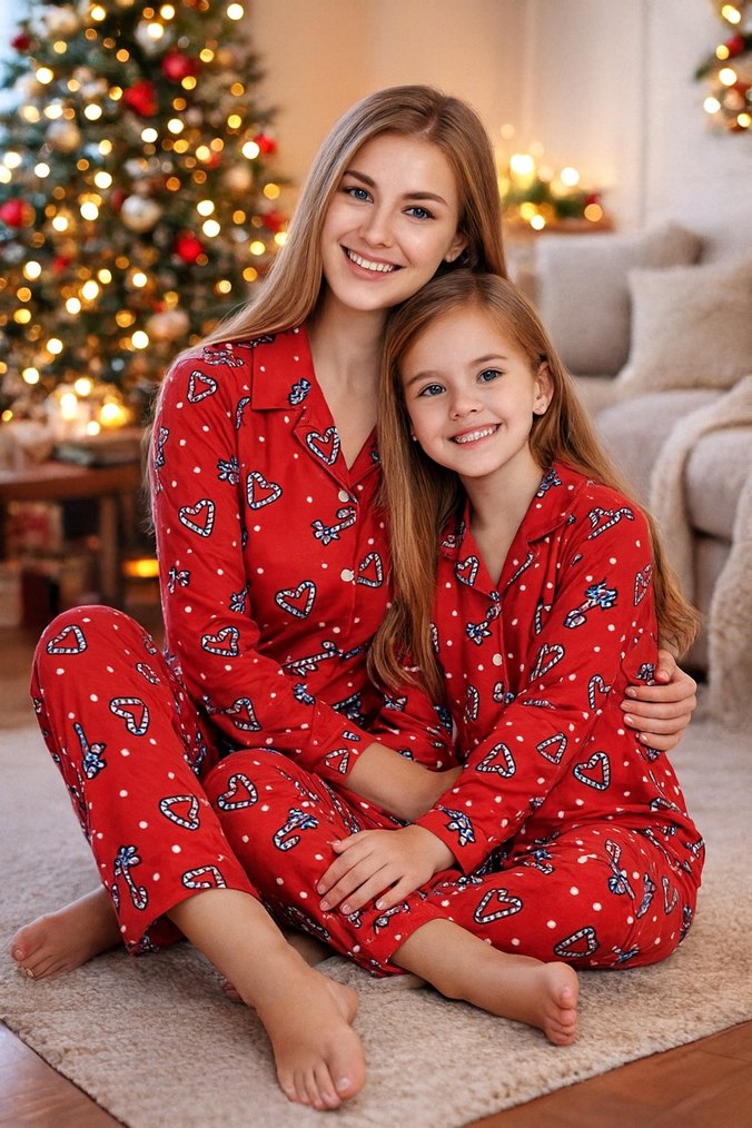 Anne çocuk yeni yıl temalı süet Pijama Takımı - Görsel 2