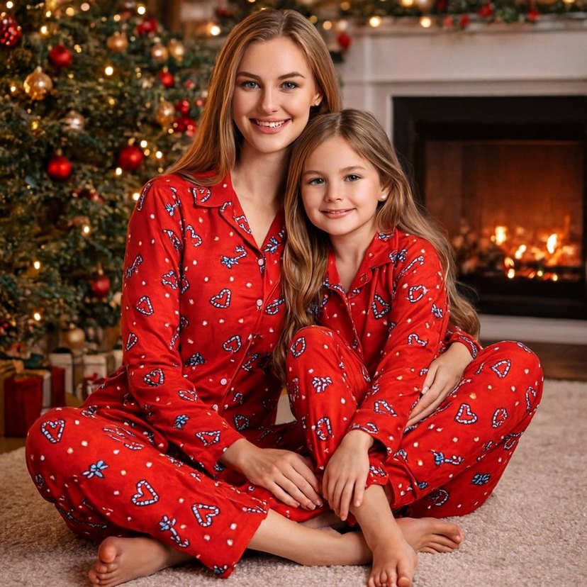 Anne çocuk yeni yıl temalı süet Pijama Takımı - Görsel 4