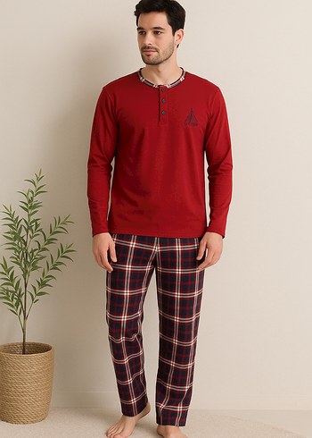 Kırmızı Düğmeli Kareli Erkek Pijama Takımı - Görsel 3