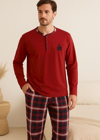 Kırmızı Düğmeli Kareli Erkek Pijama Takımı - Görsel 5