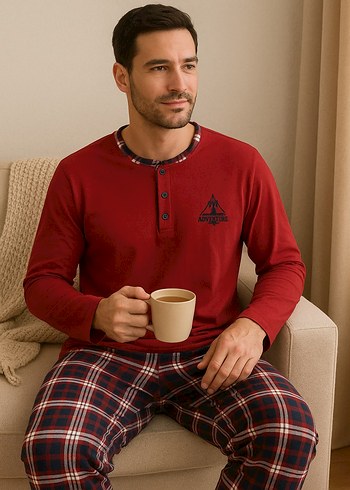 Kırmızı Düğmeli Kareli Erkek Pijama Takımı - Görsel 2