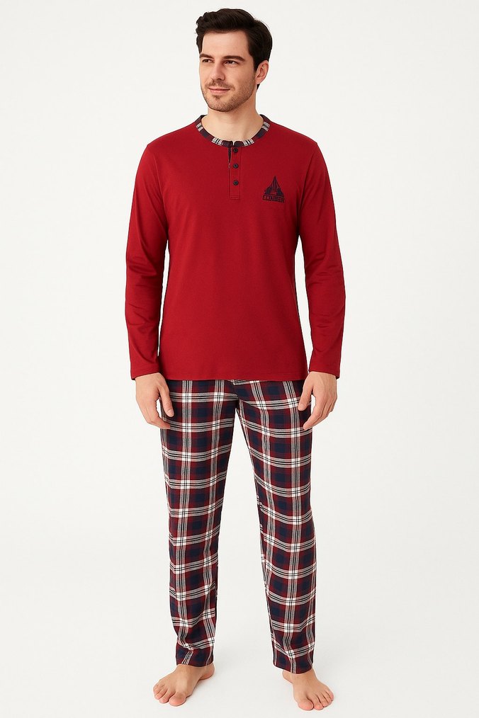 Kırmızı Düğmeli Kareli Erkek Pijama Takımı - Görsel 4