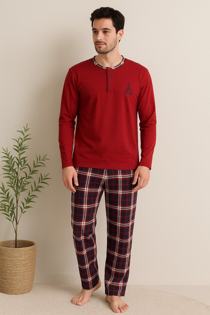 Kırmızı Düğmeli Kareli Erkek Pijama Takımı - Görsel 3