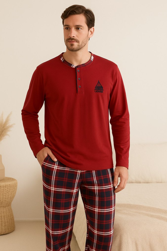 Kırmızı Düğmeli Kareli Erkek Pijama Takımı - Görsel 5