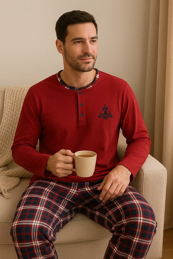 Kırmızı Düğmeli Kareli Erkek Pijama Takımı - Görsel 2