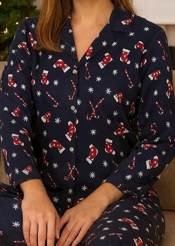 Lacivert Desenli yeni yıl temalı Uzun Kollu Kadın Pijama Takımı - Görsel 3