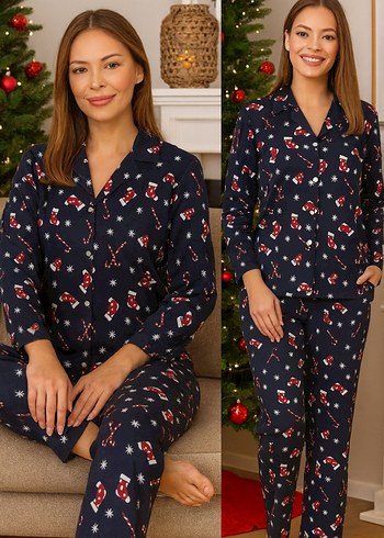 Lacivert Desenli yeni yıl temalı Uzun Kollu Kadın Pijama Takımı - Görsel 4