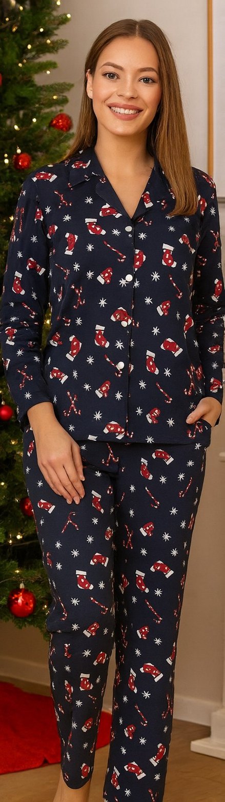 Lacivert Desenli yeni yıl temalı Uzun Kollu Kadın Pijama Takımı - Görsel 2
