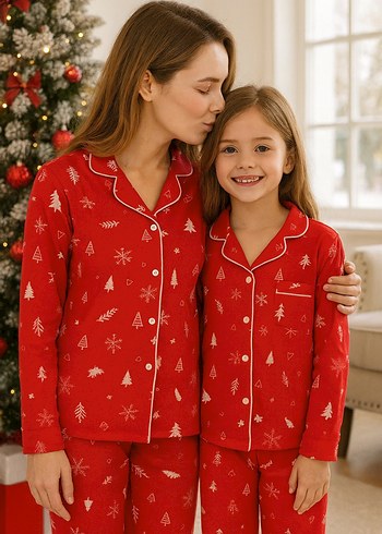 anne kız çocuk Renkli yeni yıl Baskılı Kırmızı Pijama Takımı - Görsel 2