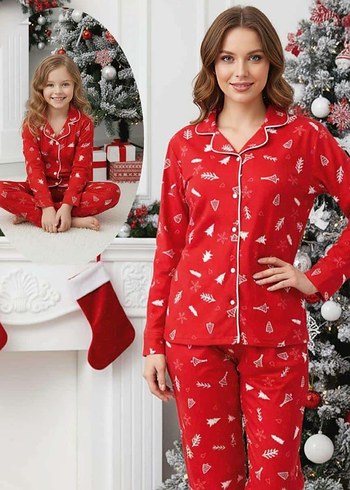 anne kız çocuk Renkli yeni yıl Baskılı Kırmızı Pijama Takımı - Görsel 3