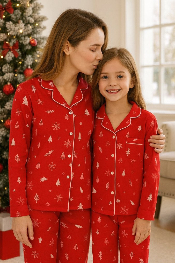 anne kız çocuk Renkli yeni yıl Baskılı Kırmızı Pijama Takımı - Görsel 2