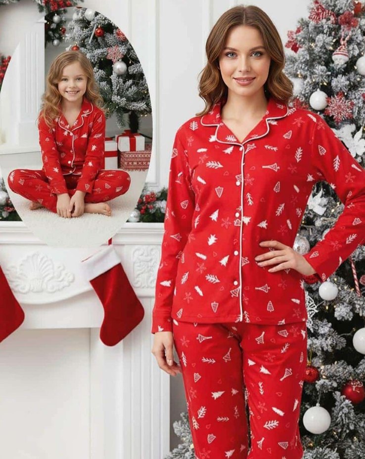 anne kız çocuk Renkli yeni yıl Baskılı Kırmızı Pijama Takımı - Görsel 3
