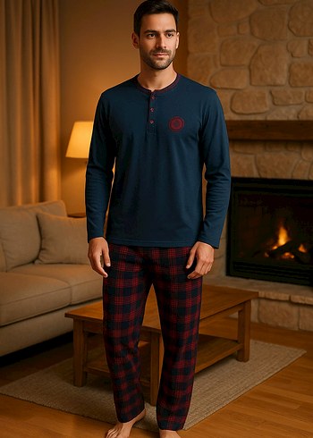 Bordo lacivert Ekose Desenli Erkek Pijama Takımı - Görsel 2