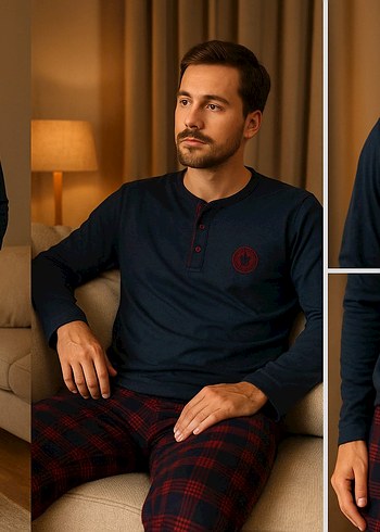 Bordo lacivert Ekose Desenli Erkek Pijama Takımı - Görsel 3