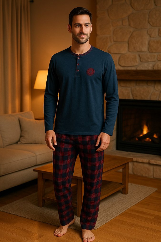 Bordo lacivert Ekose Desenli Erkek Pijama Takımı - Görsel 2