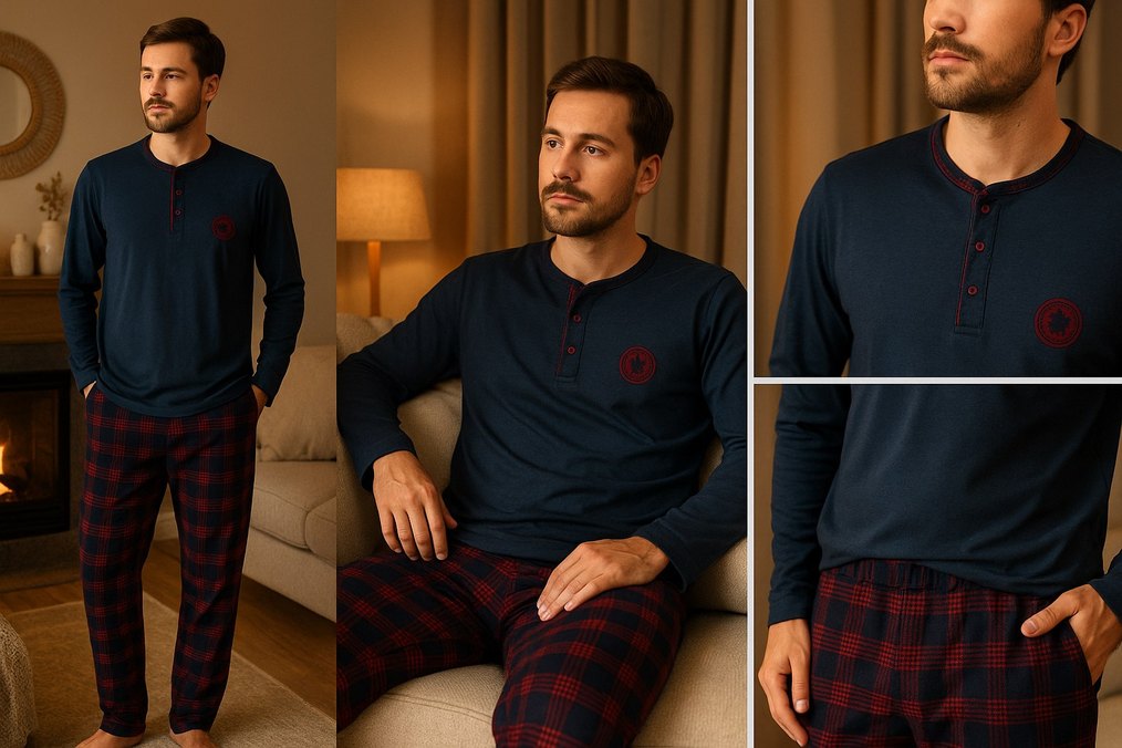 Bordo lacivert Ekose Desenli Erkek Pijama Takımı - Görsel 3