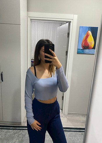 Mavi Uzun Kollu Crop Top - Görsel 3