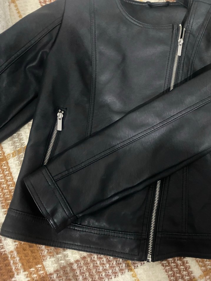 Siyah Fermuarlı Kadın Hakiki Suni Deri Biker Ceket - Görsel 2