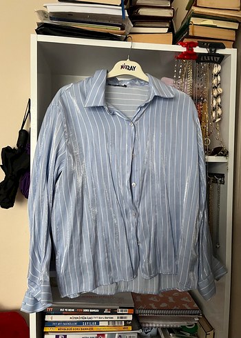 Mavi çizgili saten gömlek - Görsel 2