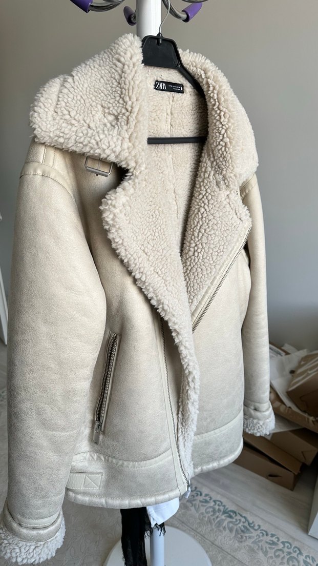 ZARA kürklü erkek bej deri ceket - Görsel 2