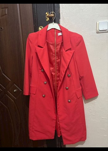 Düğmeli Kırmızı Midi Kadın Palto - Görsel 2