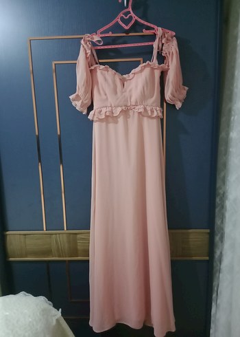Pembe Drapeli Uzun Şifon Abiye Elbise