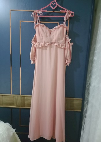36 Beden pembe Renk Pembe Drapeli Uzun Şifon Abiye Elbise