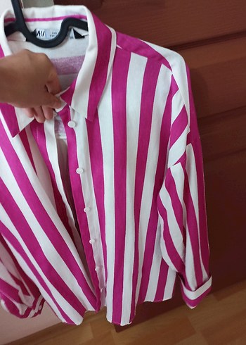 Zara Pembe Çizgili Uzun Kollu Kadın Gömlek