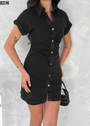 Diğer Siyah Düğmeli Kısa Denim Elbise
