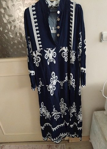 Bohem Nakışlı Lacivert Uzun Elbise - Görsel 2