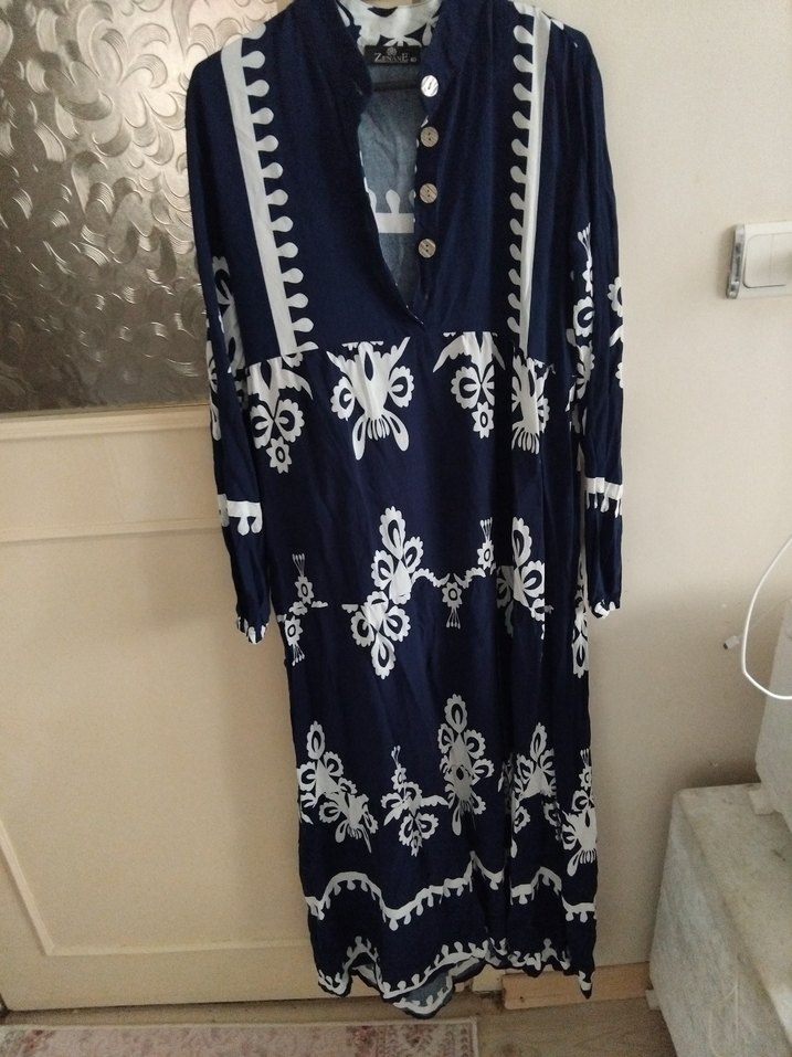 Bohem Nakışlı Lacivert Uzun Elbise - Görsel 2