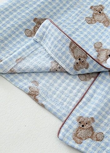 m Beden mavi Renk şortlu yazlık pijama takımı ayıcık desenli kareli