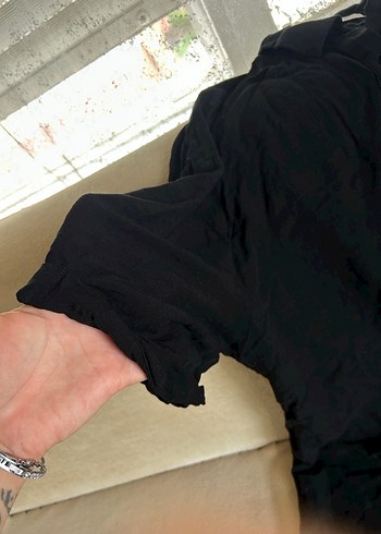 Siyah Kısa Kollu Keten Tulum - Görsel 3