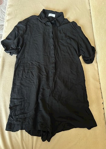 Siyah Kısa Kollu Keten Tulum - Görsel 5