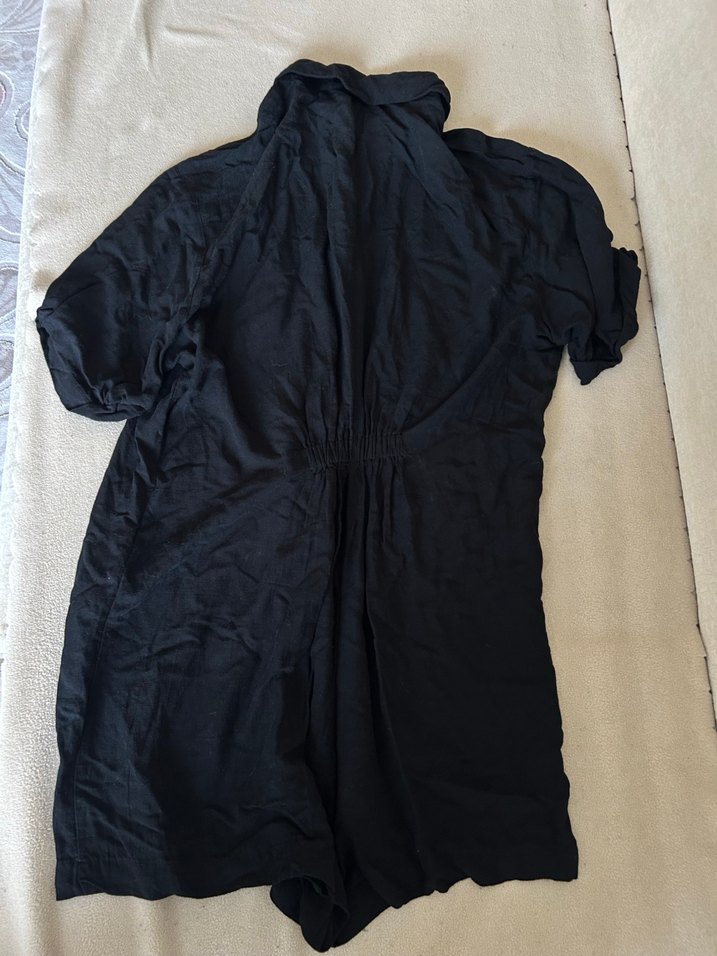 Siyah Kısa Kollu Keten Tulum - Görsel 4