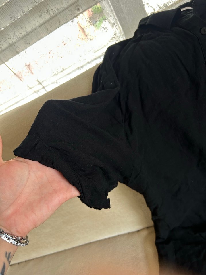 Siyah Kısa Kollu Keten Tulum - Görsel 3