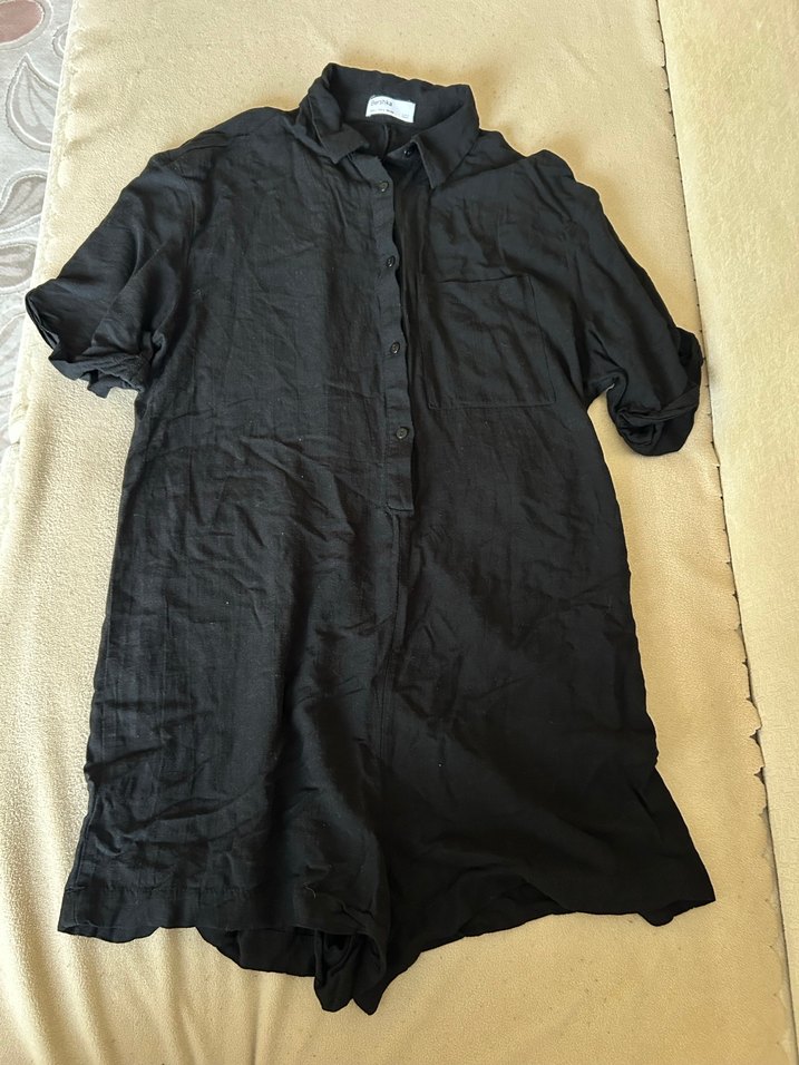 Siyah Kısa Kollu Keten Tulum - Görsel 5