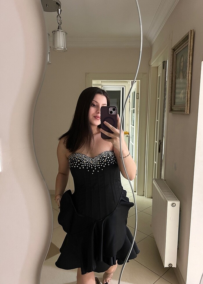 Taşlı siyah abiye elbise - Görsel 3